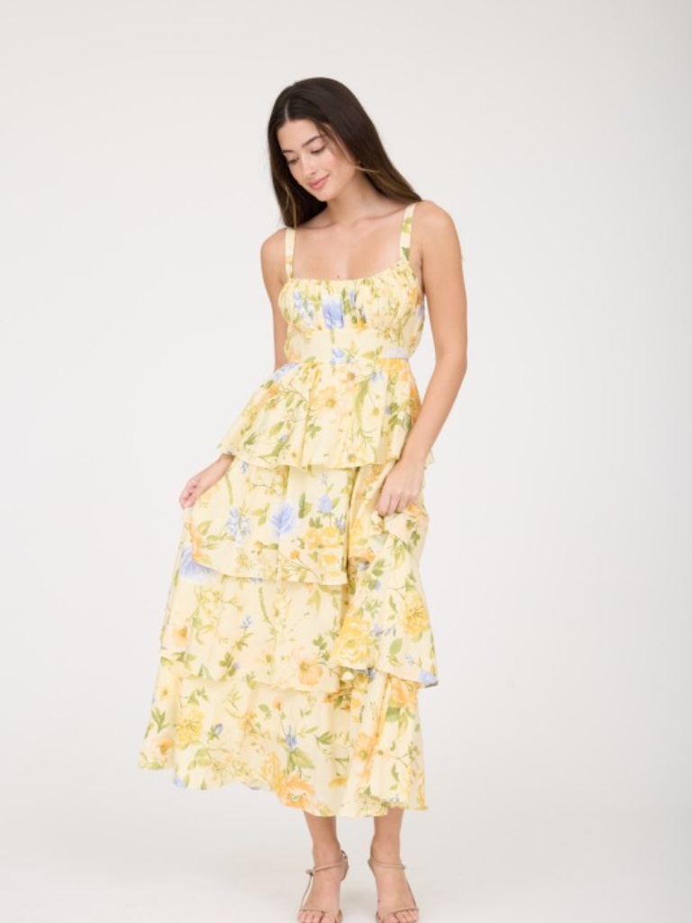 Floral Sleeveless Ruffle Tiered Skirt Midi Dress